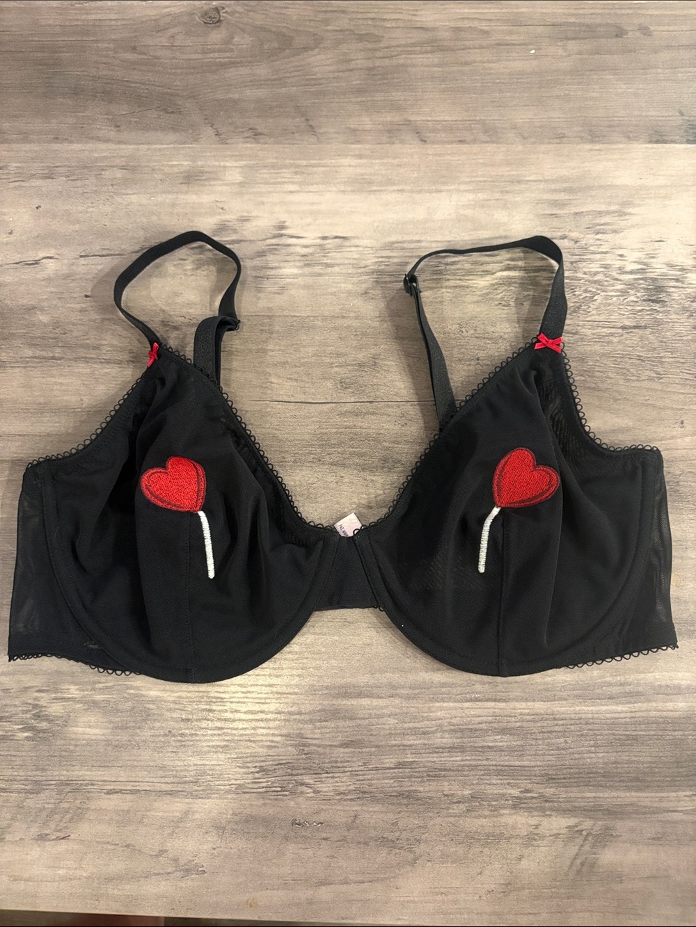 Victoria's Secret Black Underwire Bra with Red Heart Patches